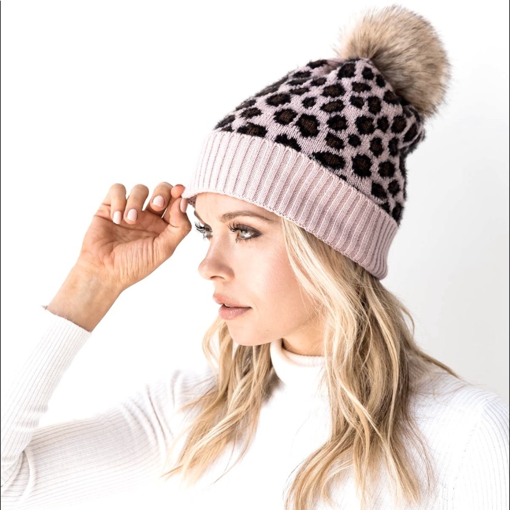 Pink Leopard Print Beanie with Pom Pom